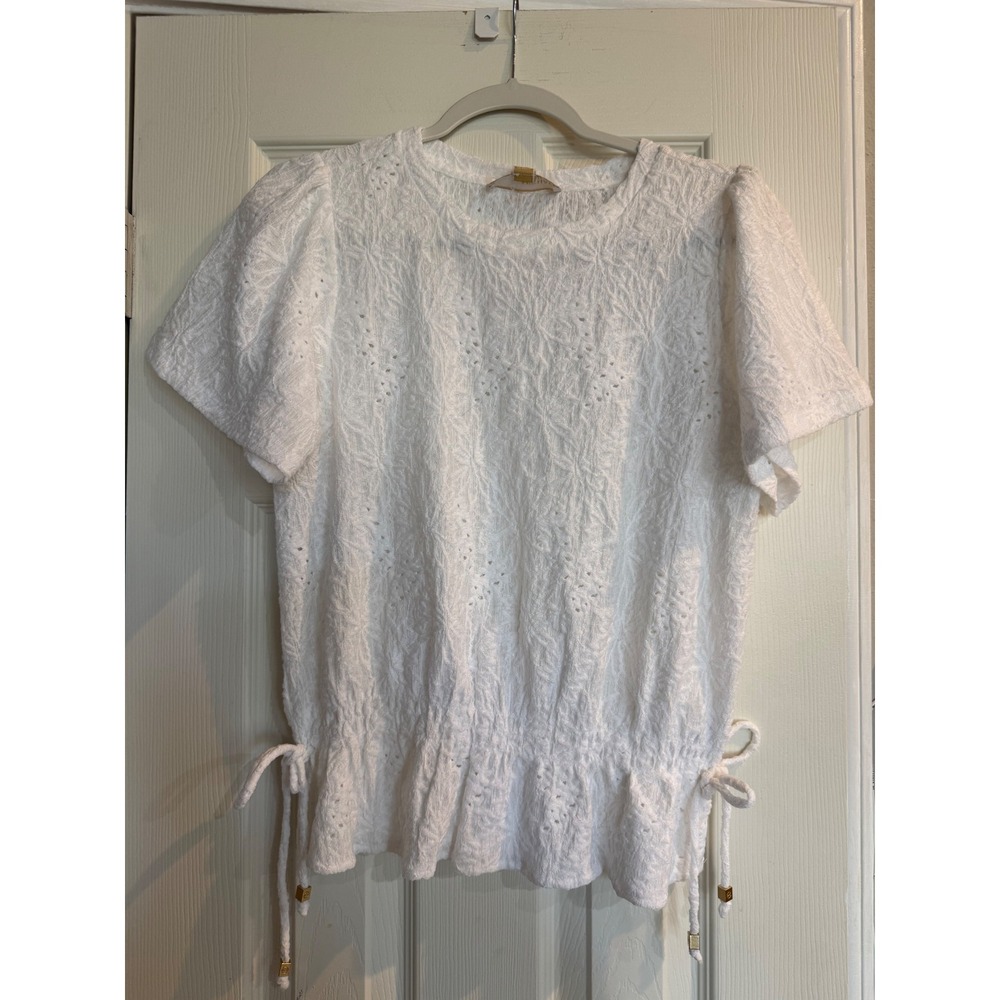 Michael Kors White Eyelet Smocked Peplum Top Side Ties Gold Hardware  Small